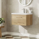Hudson Reed Juno 600mm Autumn Oak 1 Drawer Wall Hung Vanity Unit With Mid-Edge Basin