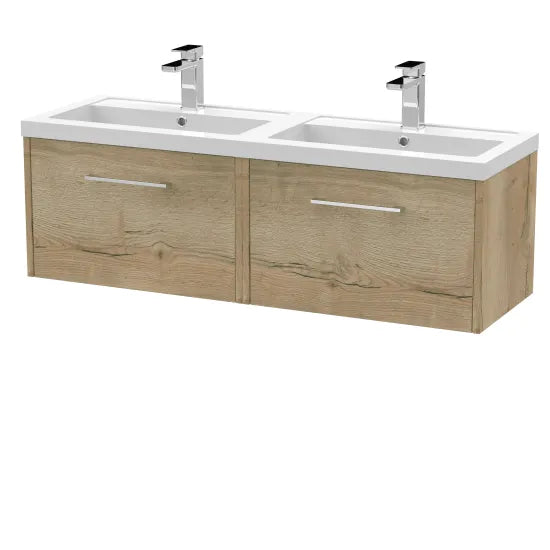 Hudson Reed Juno 1200mm Autumn Oak 2 Drawer Wall Hung Vanity Unit With 2 Tap Hole Polymarble basin