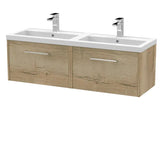 Hudson Reed Juno 1200mm Autumn Oak 2 Drawer Wall Hung Vanity Unit With 2 Tap Hole Polymarble basin