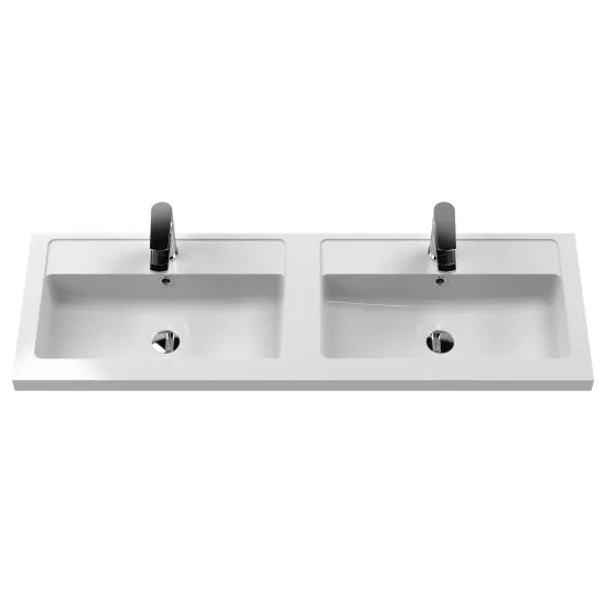 Hudson Reed Juno 1200mm Autumn Oak 2 Drawer Wall Hung Vanity Unit With 2 Tap Hole Polymarble basin