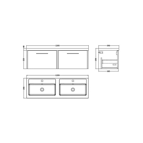 Hudson Reed Juno 1200mm Autumn Oak 2 Drawer Wall Hung Vanity Unit With 2 Tap Hole Polymarble basin