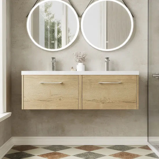 Hudson Reed Juno 1200mm Autumn Oak 2 Drawer Wall Hung Vanity Unit With 2 Tap Hole Polymarble basin