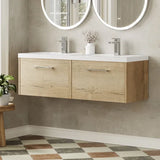 Hudson Reed Juno 1200mm Autumn Oak 2 Drawer Wall Hung Vanity Unit With 2 Tap Hole Polymarble basin