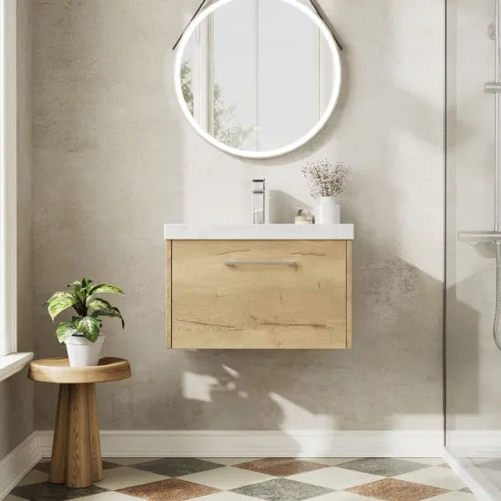 Hudson Reed Juno Autumn Oak 1 Drawer Wall Hung Vanity Unit With Thin Edge Basin