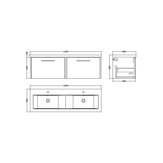 Hudson Reed Juno 1200mm Autumn Oak 2 Drawer Wall Hung Vanity Unit With 2 Tap Hole Ceramic Basin