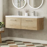 Hudson Reed Juno 1200mm Autumn Oak 2 Drawer Wall Hung Vanity Unit With 2 Tap Hole Ceramic Basin