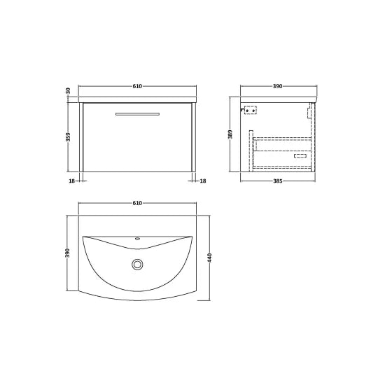 Hudson Reed Juno 600mm Autumn Oak 1 Drawer Wall Hung Vanity Unit With U-Shaped Curved Basin