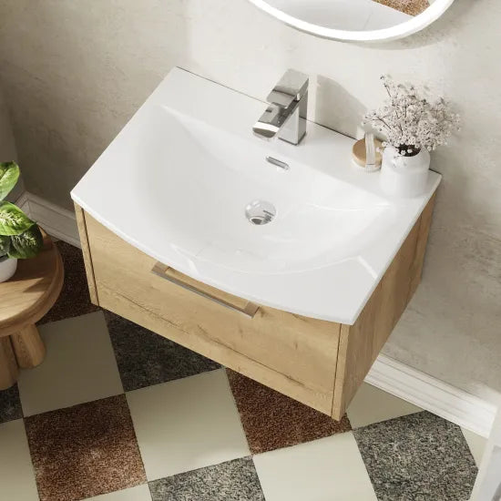 Hudson Reed Juno 600mm Autumn Oak 1 Drawer Wall Hung Vanity Unit With U-Shaped Curved Basin