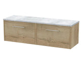 Hudson Reed Juno 1200mm Autumn Oak 2 Drawer Wall Hung Vanity Unit With Bellato Grey Worktop