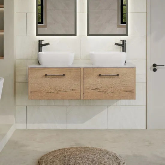 Hudson Reed Juno 1200mm Autumn Oak 2 Drawer Wall Hung Vanity Unit With Bellato Grey Worktop