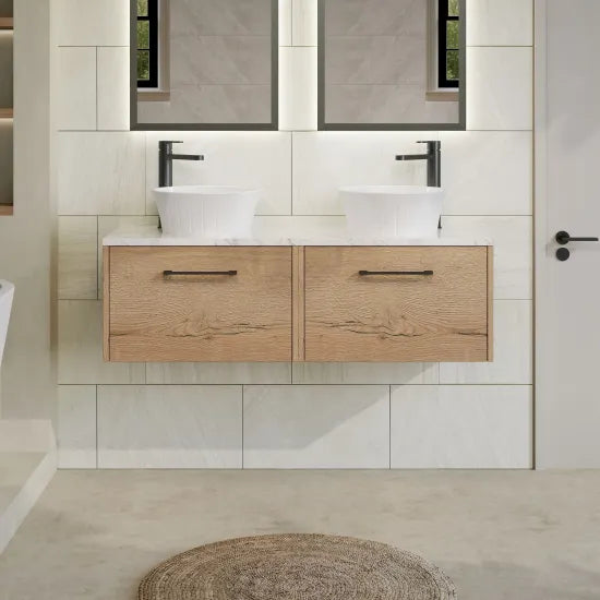 Hudson Reed Juno 1200mm Autumn Oak 2 Drawer Wall Hung Vanity With Carrara Laminate Worktop