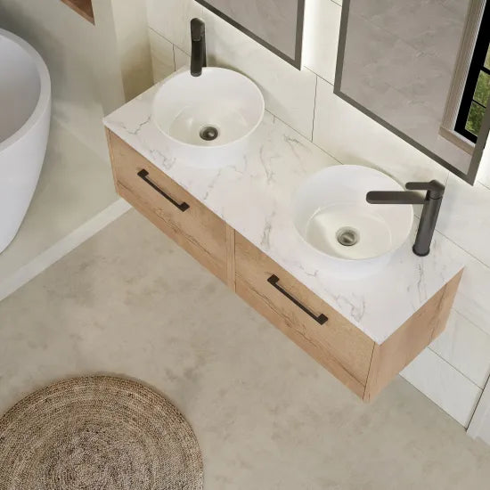 Hudson Reed Juno 1200mm Autumn Oak 2 Drawer Wall Hung Vanity With Carrara Laminate Worktop