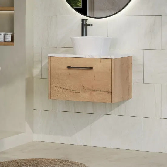 Hudson Reed Juno Autumn Oak 1 Drawer Wall Hung Vanity Unit With Carrara Laminate Worktop