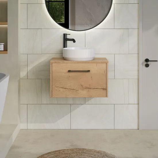 Hudson Reed Juno 600mm Autumn Oak 1 Drawer Wall Hung Vanity Unit With Co-ordinating Worktop