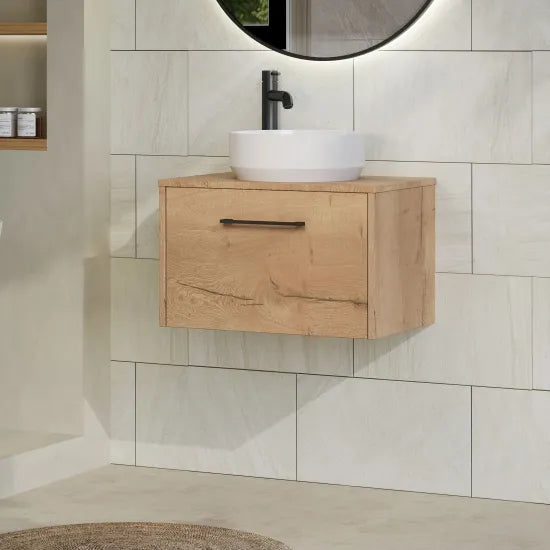 Hudson Reed Juno 600mm Autumn Oak 1 Drawer Wall Hung Vanity Unit With Co-ordinating Worktop