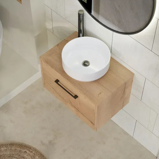 Hudson Reed Juno 600mm Autumn Oak 1 Drawer Wall Hung Vanity Unit With Co-ordinating Worktop
