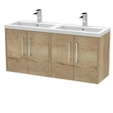 Hudson Reed Juno 1200mm Autumn Oak 4 Door Wall Hung Vanity Unit With 2 Tap Hole Polymarble basin