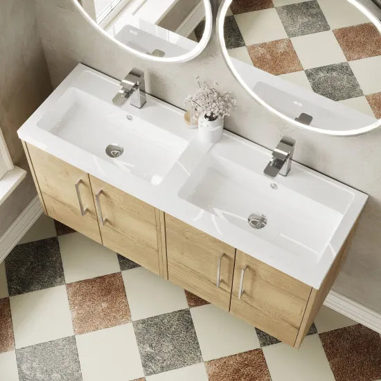 Hudson Reed Juno 1200mm Autumn Oak 4 Door Wall Hung Vanity Unit With 2 Tap Hole Polymarble basin