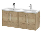 Hudson Reed Juno 1200mm Autumn Oak 4 Door Wall Hung Vanity Unit With 2 Tap Hole Ceramic Basin
