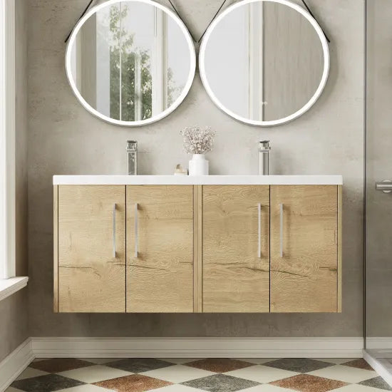 Hudson Reed Juno 1200mm Autumn Oak 4 Door Wall Hung Vanity Unit With 2 Tap Hole Ceramic Basin