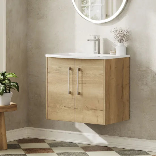 Hudson Reed Juno Autumn Oak 2 Door Wall Hung Vanity Unit With U-Shaped Curved Basin