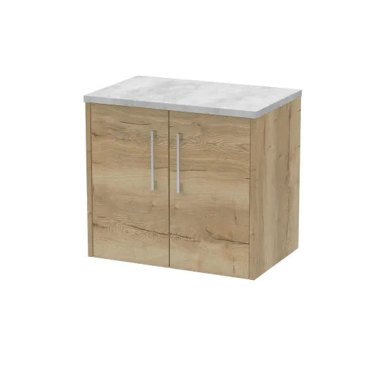 Hudson Reed Juno 600mm Autumn Oak 2 Door Wall Hung Vanity Unit With Bellato Grey Worktop