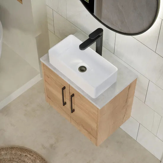 Hudson Reed Juno 600mm Autumn Oak 2 Door Wall Hung Vanity Unit With Bellato Grey Worktop