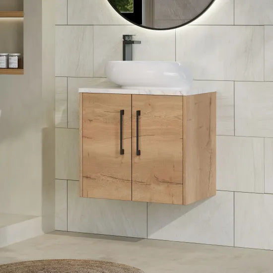 Hudson Reed Juno 600mm Autumn Oak 2 Door Wall Hung Vanity Unit With Carrara Laminate Worktop