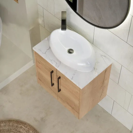 Hudson Reed Juno 600mm Autumn Oak 2 Door Wall Hung Vanity Unit With Carrara Laminate Worktop