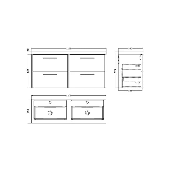 Hudson Reed Juno 1200mm Autumn Oak 4 Drawer Wall Hung Vanity Unit With 2 Tap Hole Polymarble basin