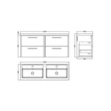 Hudson Reed Juno 1200mm Autumn Oak 4 Drawer Wall Hung Vanity Unit With 2 Tap Hole Polymarble basin