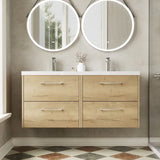 Hudson Reed Juno 1200mm Autumn Oak 4 Drawer Wall Hung Vanity Unit With 2 Tap Hole Polymarble basin