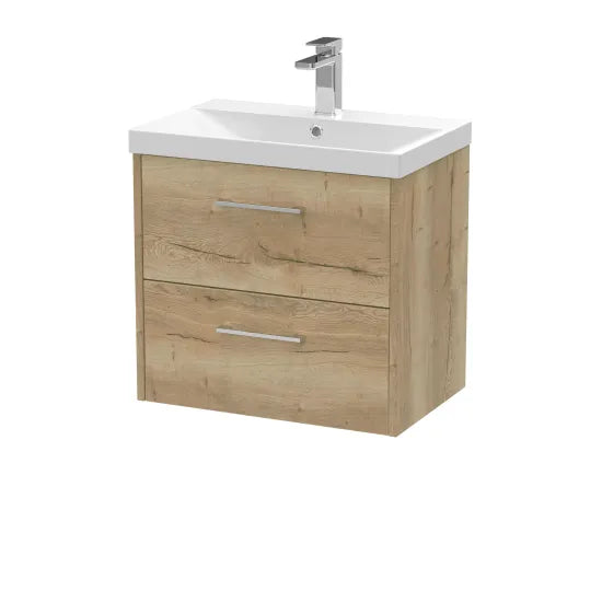 Hudson Reed Juno 600mm Autumn Oak 2 Drawer Wall Hung Vanity Unit With Thin Edge Basin