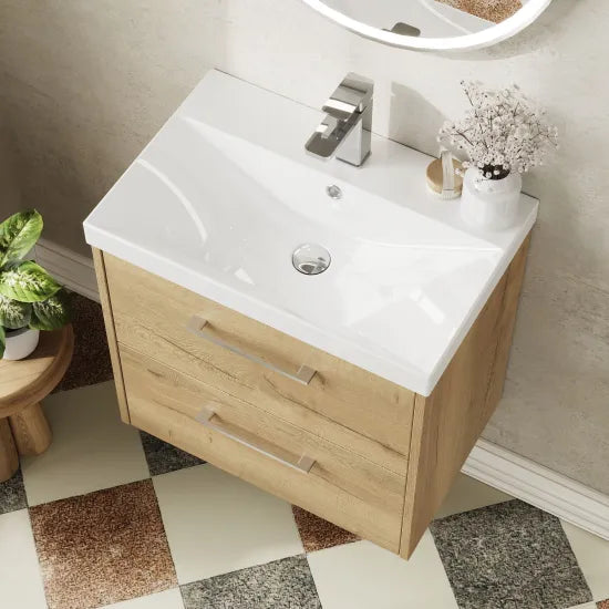 Hudson Reed Juno 600mm Autumn Oak 2 Drawer Wall Hung Vanity Unit With Thin Edge Basin