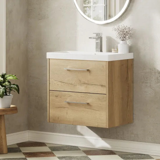 Hudson Reed Juno 600mm Autumn Oak 2 Drawer Wall Hung Vanity Unit With Thin Edge Basin
