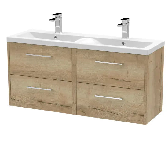 Hudson Reed Juno 1200mm Autumn Oak 4 Drawer Wall Hung Vanity Unit With 2 Tap Hole Ceramic Basin