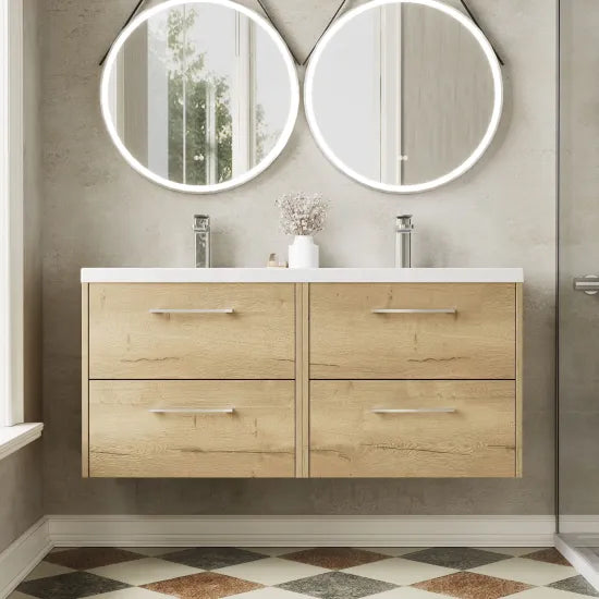 Hudson Reed Juno 1200mm Autumn Oak 4 Drawer Wall Hung Vanity Unit With 2 Tap Hole Ceramic Basin