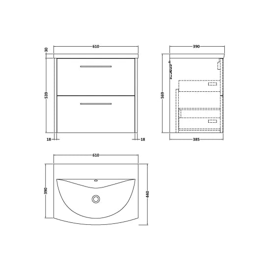 Hudson Reed Juno Autumn Oak 2 Drawer Wall Hung Vanity Unit With U-Shaped Curved Basin