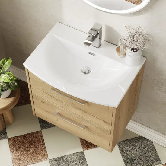 Hudson Reed Juno Autumn Oak 2 Drawer Wall Hung Vanity Unit With U-Shaped Curved Basin