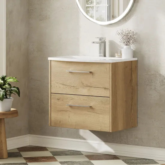 Hudson Reed Juno Autumn Oak 2 Drawer Wall Hung Vanity Unit With U-Shaped Curved Basin