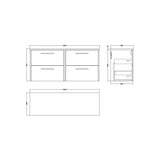 Hudson Reed Juno 1200mm Autumn Oak 4 Drawer Wall Hung Vanity Unit With Bellato Grey Worktop
