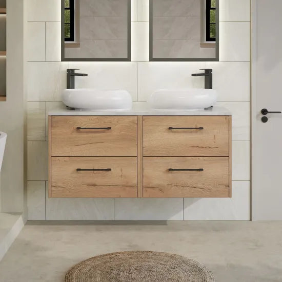Hudson Reed Juno 1200mm Autumn Oak 4 Drawer Wall Hung Vanity Unit With Bellato Grey Worktop
