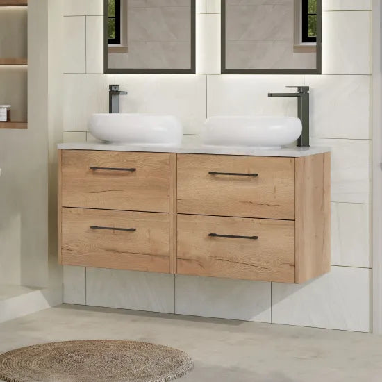 Hudson Reed Juno 1200mm Autumn Oak 4 Drawer Wall Hung Vanity Unit With Bellato Grey Worktop