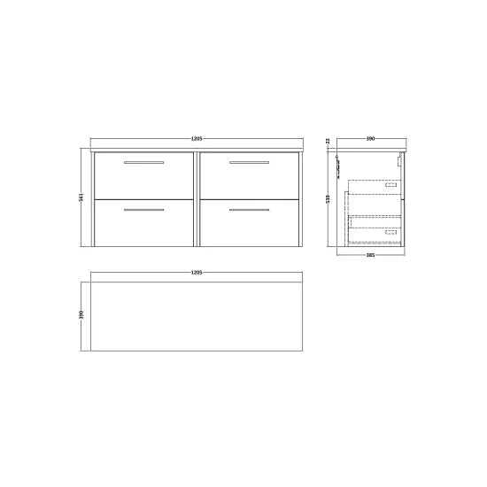 Hudson Reed Juno 1200mm Autumn Oak 4 Drawer Wall Hung Vanity With Carrara Laminate Worktop