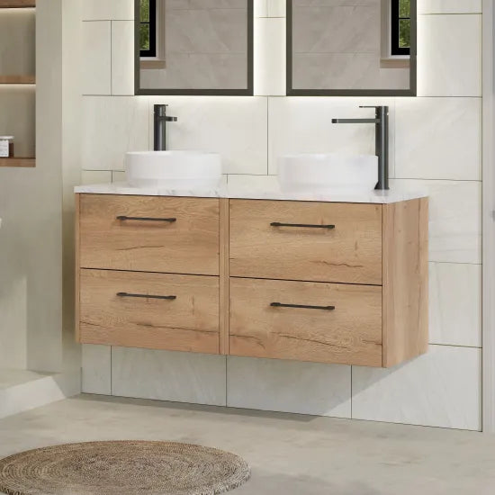 Hudson Reed Juno 1200mm Autumn Oak 4 Drawer Wall Hung Vanity With Carrara Laminate Worktop