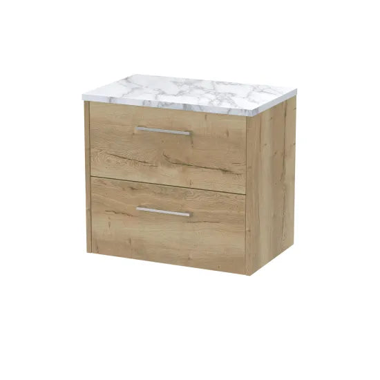 Hudson Reed Juno Autumn Oak 2 Drawer Wall Hung Vanity Unit With Carrara Laminate Worktop
