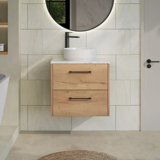 Hudson Reed Juno Autumn Oak 2 Drawer Wall Hung Vanity Unit With Carrara Laminate Worktop