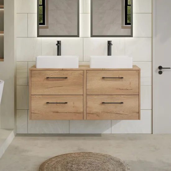 Hudson Reed Juno 1200mm Autumn Oak 4 Drawer Wall Hung Vanity Unit With Co-ordinating Worktop