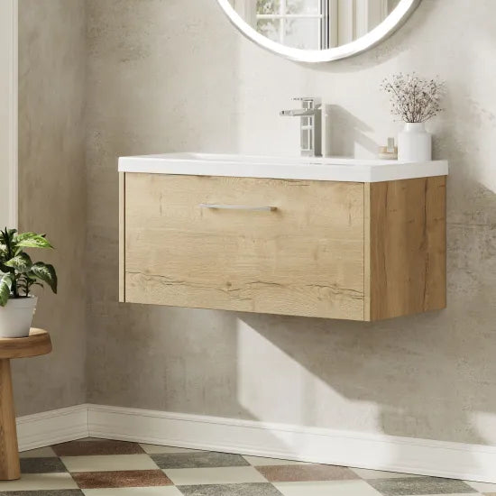 Hudson Reed Juno 800mm Autumn Oak 1 Drawer Wall Hung Vanity Unit With Mid-Edge Basin