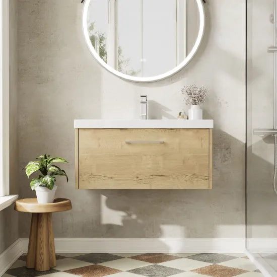 Hudson Reed Juno 800mm Autumn Oak 1 Drawer Wall Hung Vanity Unit With Thin Edge Basin
